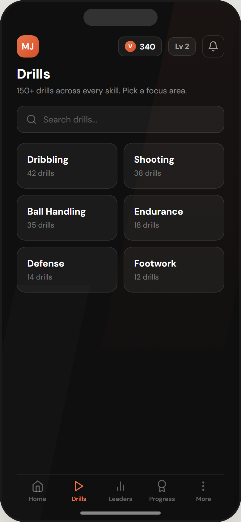 Virtual Coach drill library organized by basketball skill category