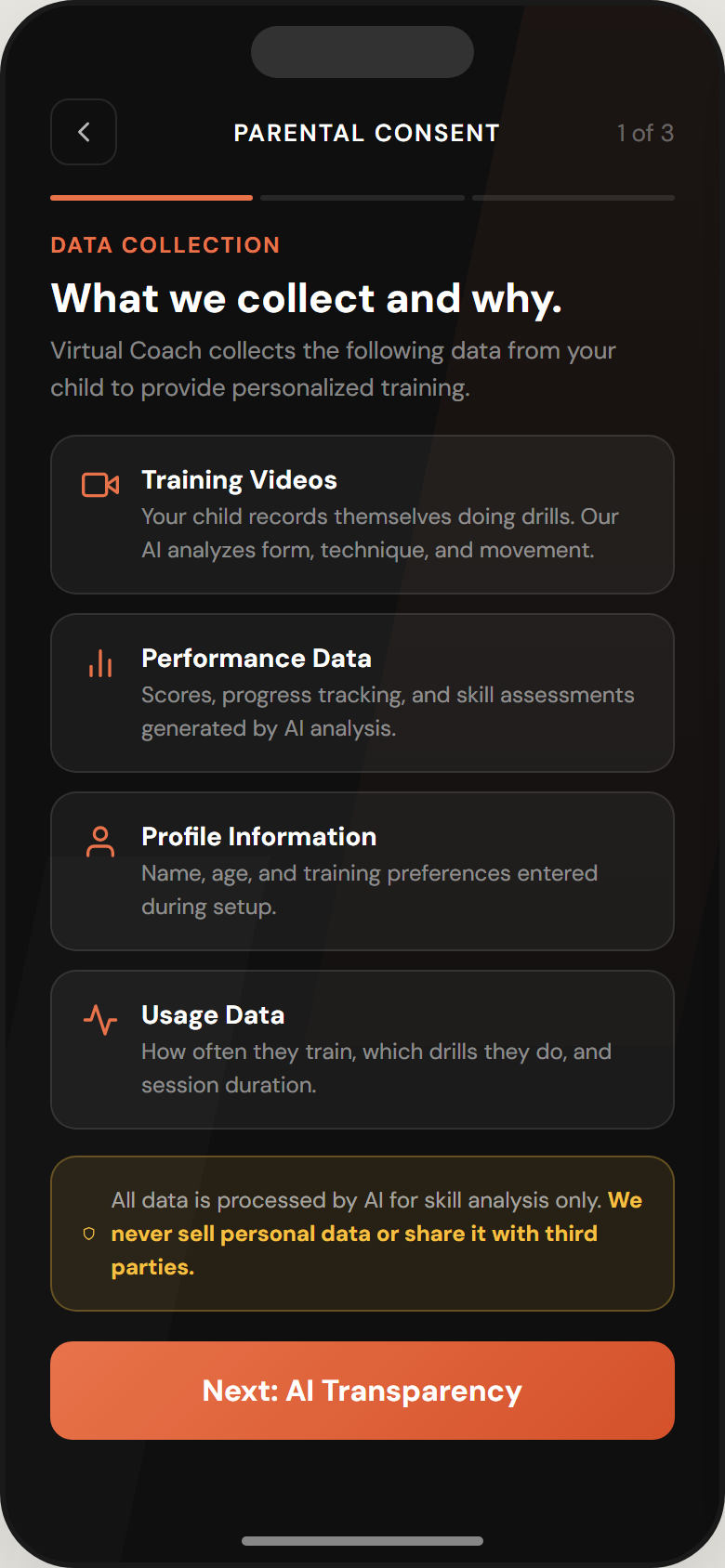 Virtual Coach parent consent flow explaining data collection